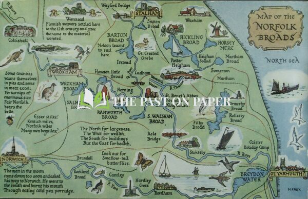 Postcard Map of the Norfolk Broads by M F Peck