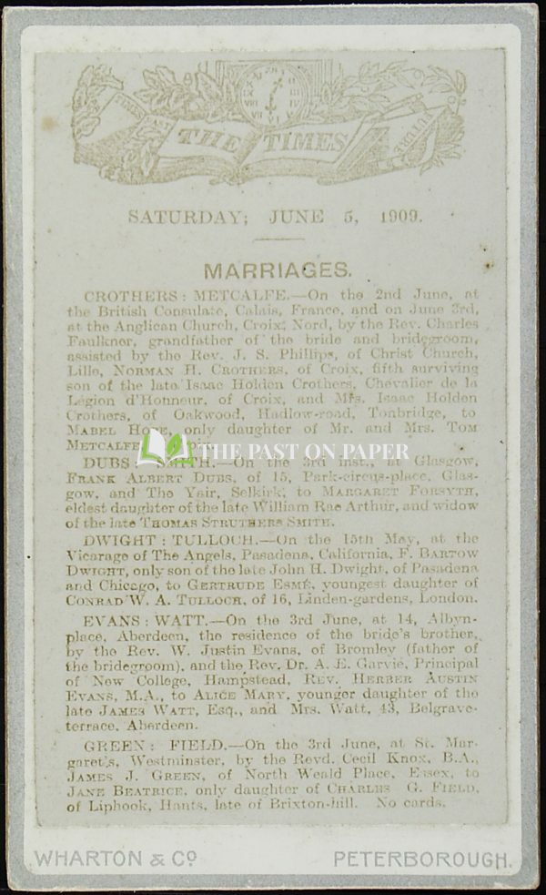 Carte de Visite of The Times Marriages, 5th June 1909