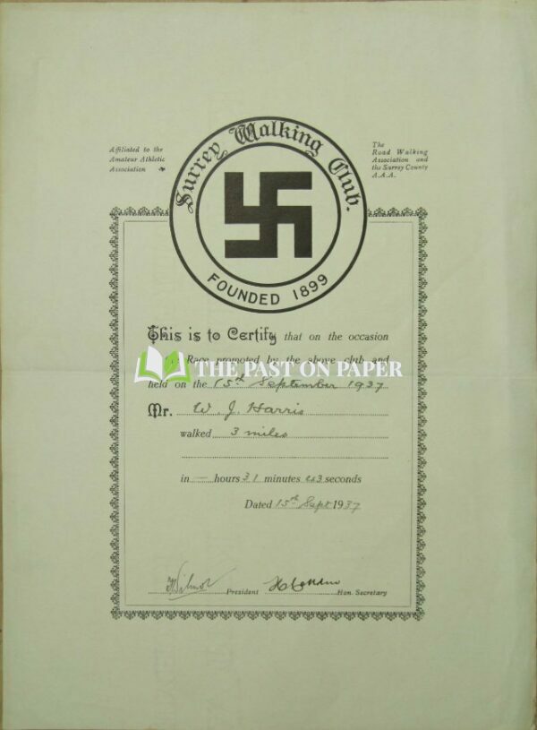 Surrey Walking Club Certificate with Swastika Logo, Awarded to Mr W J Harris, 1937