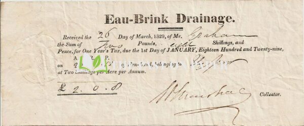 Fen Drainage Ephemera: 1829 Eau-Brink Fen Drainage Receipt to Mr Graham