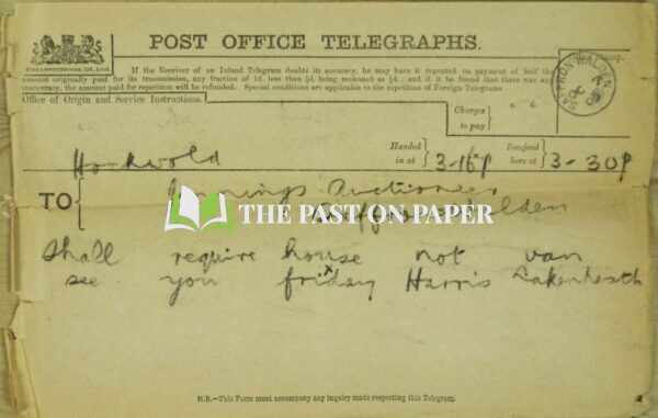 Telegram from Harris of Hockwold to Jennings Auctioneers, Saffron Walden, 1909