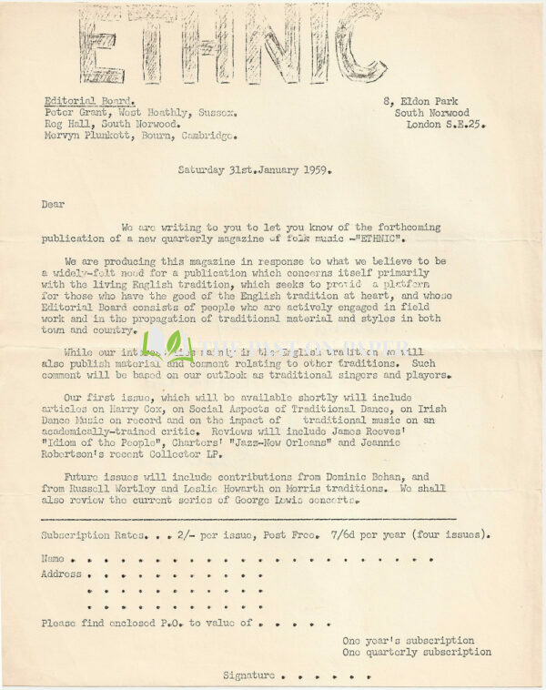 Letter relating to the launch of "Ethnic" Folk Music Magazine, 1959