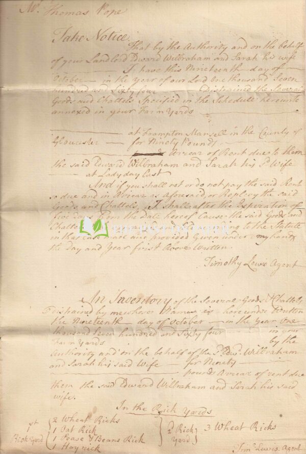 Distraint Letter to Thomas Pope of Frampton Marsell, Gloucestershire (1764)