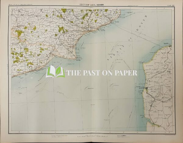 Victorian map of Dover and Strait of Dover, Boulogne, Published 1891